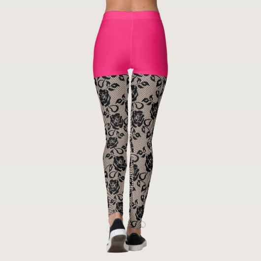 Faux Zwart Kant Fishnet Grappige Leggings Roze Kor (Achterkant)