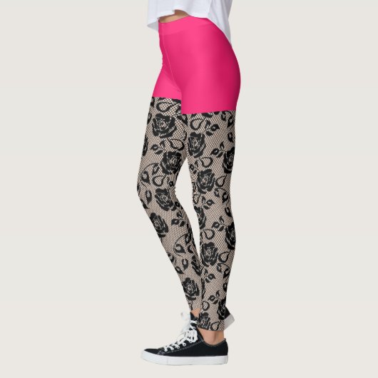 Faux Zwart Kant Fishnet Grappige Leggings Roze Kor (Links)