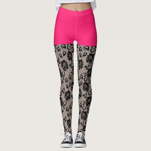 Faux Zwart Kant Fishnet Grappige Leggings Roze Kor (Voorkant)