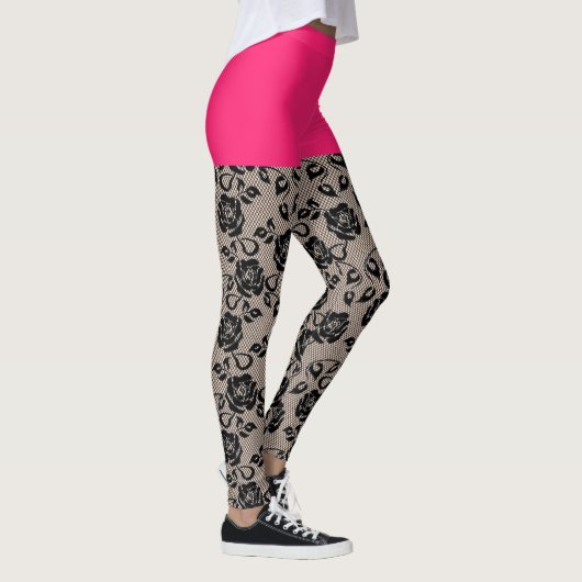 Faux Zwart Kant Fishnet Grappige Leggings Roze Kor (Rechts)