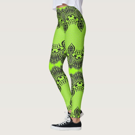 Faux Zwart Kant Fishnet Leggings Neon Groene Kleur (Links)