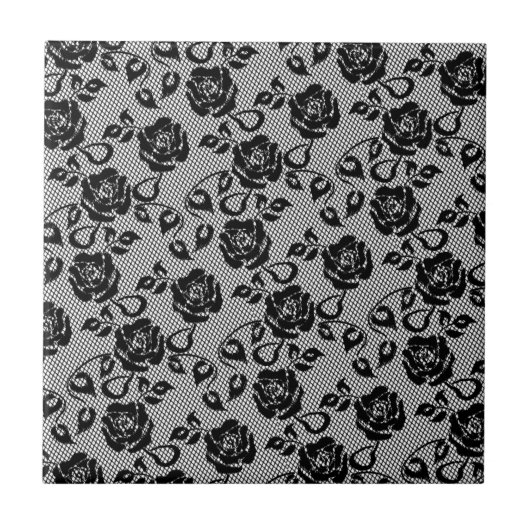 Faux Zwart Kant Roos Fishnet Keramische Tegel Tegeltje (Voorkant)