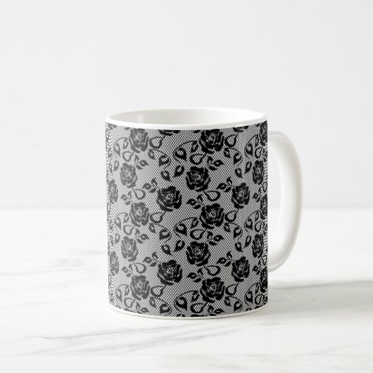 Faux Zwart Kant Roos Fishnet Koffie Mok (Voorkant rechts)