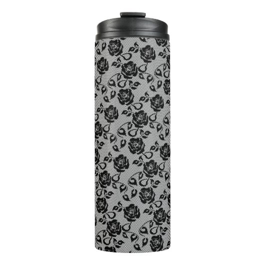 Faux Zwart Kant Roos Fishnet Thermische Tumbler Thermosbeker (Voorkant)