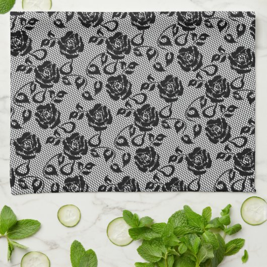 Faux zwart kant Rozen visnet keukenhanddoek (Gevouwen)