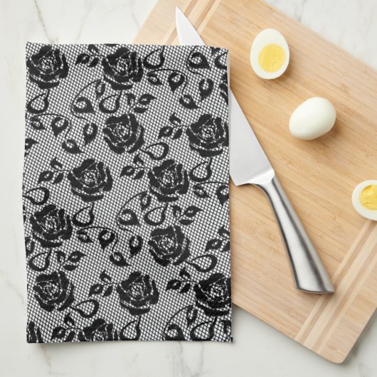 Faux zwart kant Rozen visnet keukenhanddoek (Quarter Fold)