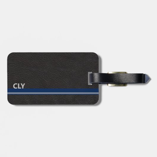 Faux zwart lederen monogram blauwe balk bagagelabel (Achterkant horizontaal)