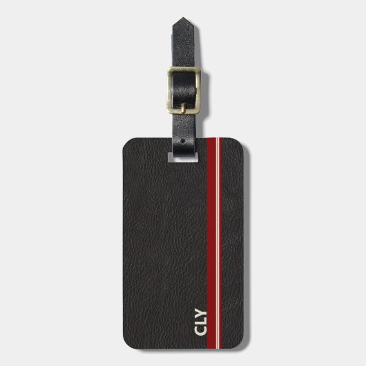 Faux zwart lederen monogram donkerrood bar bagagelabel (Voorkant verticaal)