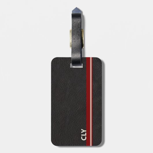 Faux zwart lederen monogram donkerrood bar bagagelabel (Achterkant verticaal)