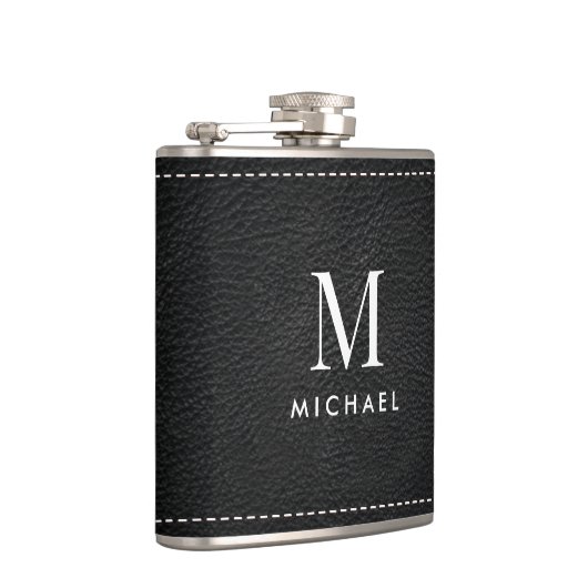 Faux zwart lederen monogram Initiaal & naam Heupfles (Rechts)