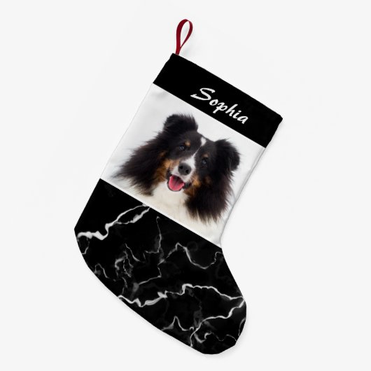 Faux Zwart Marmer Look Custom Pet Fotosjabloon Kleine Kerstsok (Voorkant (Hangend))