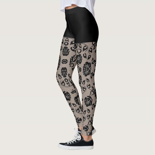 Faux Zwart Rozen Lace Fishnet en Shorts Leggings (Links)
