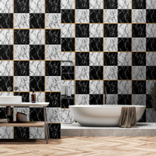 Faux Zwart Wit Check Marble Stone Design Behang