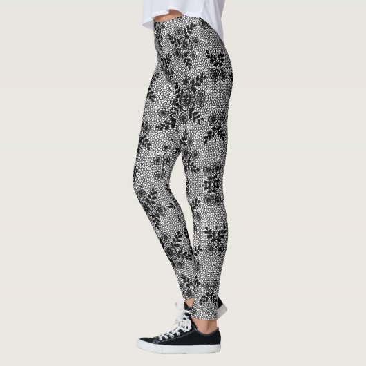 Faux Zwart Wit Kant Fishnet Leggings Romantisch (Links)