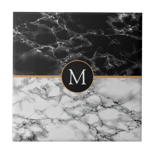 Faux Zwart Wit Marmer Monogram Keramische Tegel Tegeltje (Voorkant)