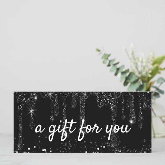 faux zwarte glitter druppelt cadeaubon (Staand voorkant)