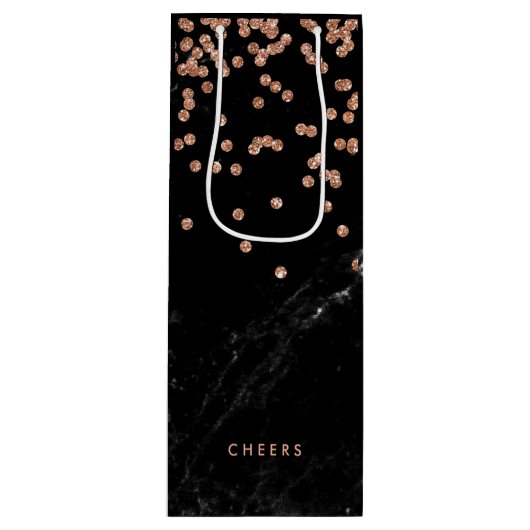 Faux zwarte marmer met Faux Roos Gold Confetti Wijn Cadeautas (Voorkant)