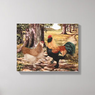 Faverolle Salmon Rooster en Hen in gekookte instel Canvas Afdruk