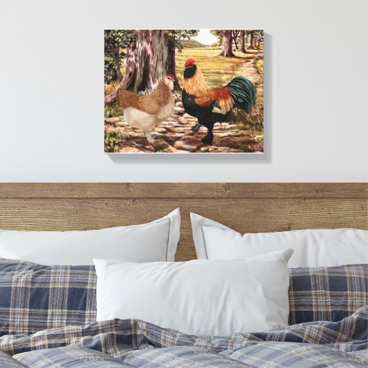 Faverolle Zalm Haan en Heen in bosrijke omgeving Canvas Afdruk (Insitu (Slaapkamer))