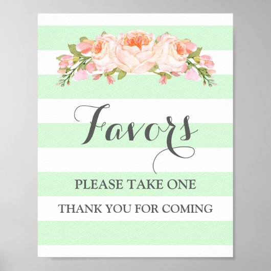 Favor Baby Shower Bord Mint Bloemen Strepen Poster (Voorkant)