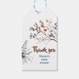 Favor cadeau label Blauw en bruin bloemetjes baby  Cadeaulabel