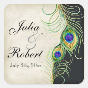 Favor Gift Sticker - Peacock Feathers Wedding Seal