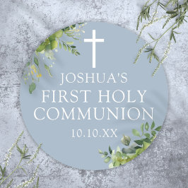 Favor voor de eerste heilige communie in stoffig b ronde sticker