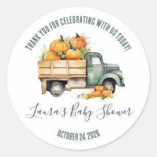 Favoriete baby shower met vintage pick-uptruck pom ronde sticker