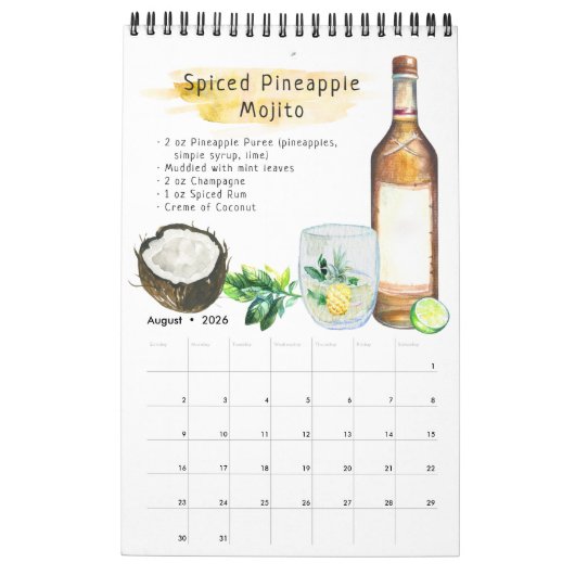 Favoriete cocktailrecipes | Waterverf geïllustreer Kalender (Aug 2026)