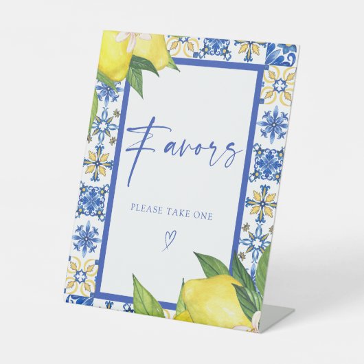 Favorieten Blauwe Tegels Citroenen Vrijgezellenfee Reclamebord Met Voetstuk (Voorkant)