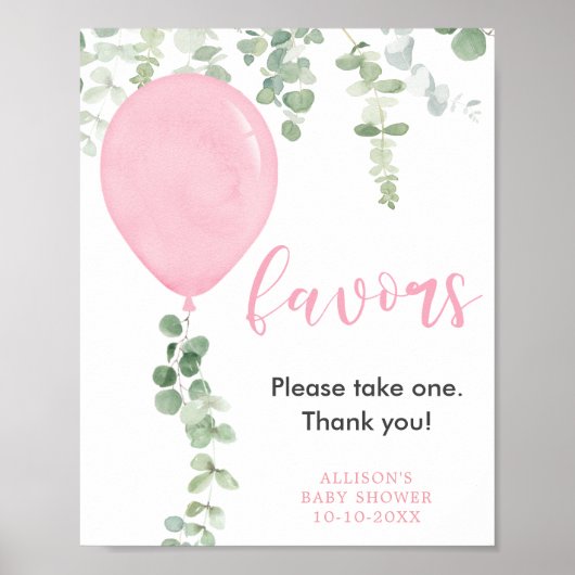 Favorieten teken roze ballonnen groen baby shower poster (Voorkant)