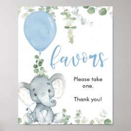 Favors baby shower sign blue elephant greenery poster