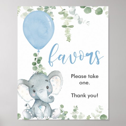 Favors baby shower sign blue elephant greenery poster (Voorkant)