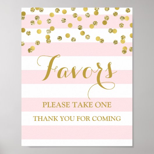 Favors Baby shower Sign Pink Stripes Gold Confetti Poster (Voorkant)