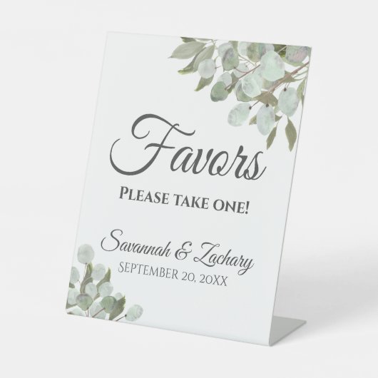 Favors Neem een eucalyptus & groen bruiloft Reclamebord Met Voetstuk (Voorkant)