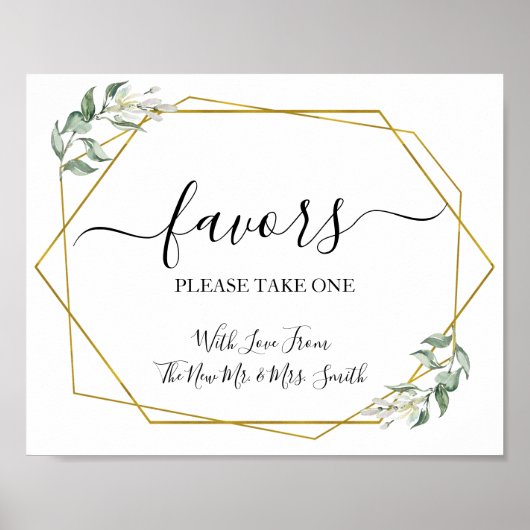 Favors party sign bruiloft receptie groen goud poster (Voorkant)