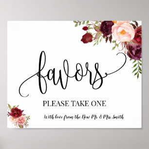 Favors party sign trouwreceptie boho marsala poster