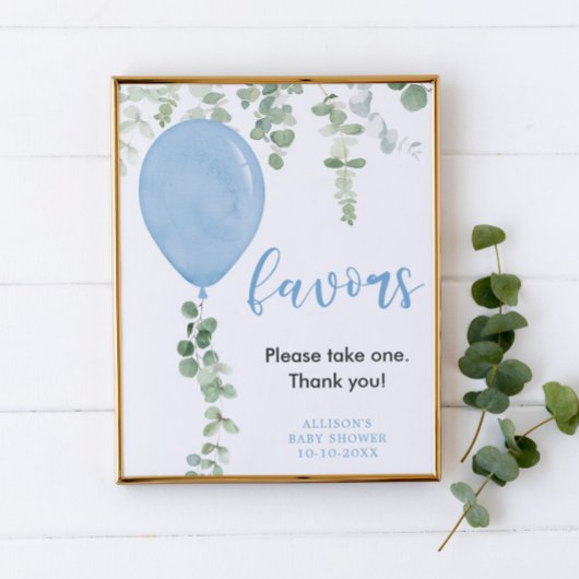 Favors sign blue ballonnen greenery baby shower poster