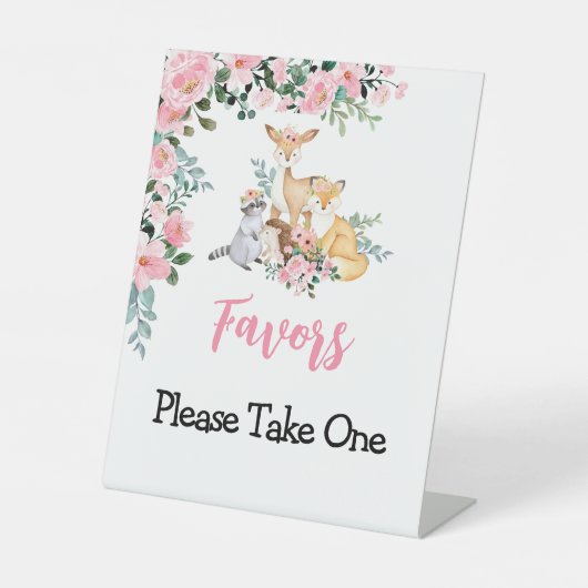 Favors Sign Woodland Pink Girl Baby shower Reclamebord Met Voetstuk (Voorkant)