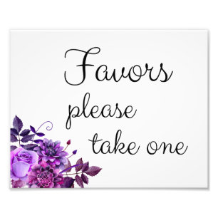Favors-teken. Paars trouwdecor. Floral poster
