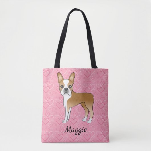 Fawn and White Boston Terrier Dog on Pink Hearts Tote Bag (Voorkant)