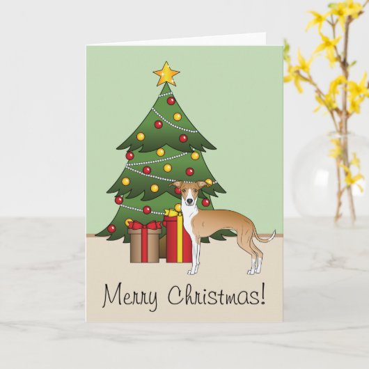 Fawn and White Italiaanse Greyhound & kerstboom Kaart (Gele Bloem)