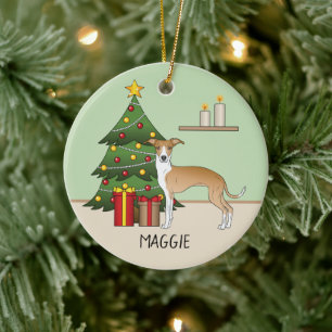 Fawn and White Italiaanse Greyhound & kerstboom Keramisch Ornament