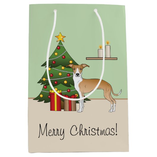 Fawn and White Italiaanse Greyhound & kerstboom Medium Cadeauzakje (Voorkant)