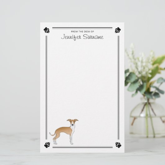 Fawn and White Italiaanse Greyhound met poten en t Briefpapier (Staand voorkant)