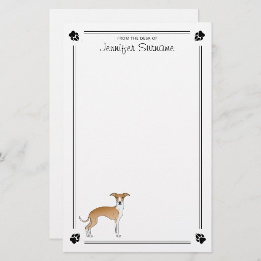 Fawn and White Italiaanse Greyhound met poten en t Briefpapier (Voorkant / Achterkant)