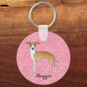 Fawn and White Italiaanse Greyhound op roze harten Sleutelhanger (Voorkant)