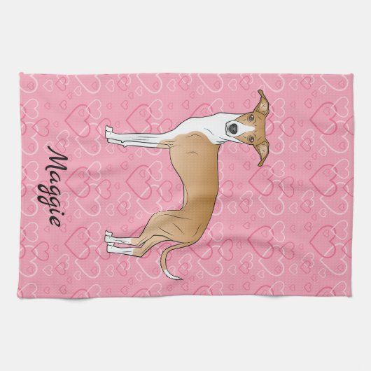 Fawn and White Italiaanse Greyhound op roze harten Theedoek (Horizontaal)