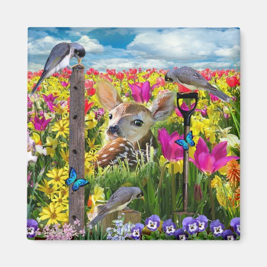 Fawn Birds Field of Flowers Magneet (Voorkant)