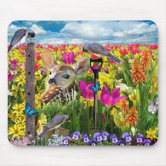 Fawn Birds Field of Flowers Muismat (Voorkant)